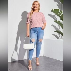 Shein fuzzy sheer design short sleeve, top in lavender, size large